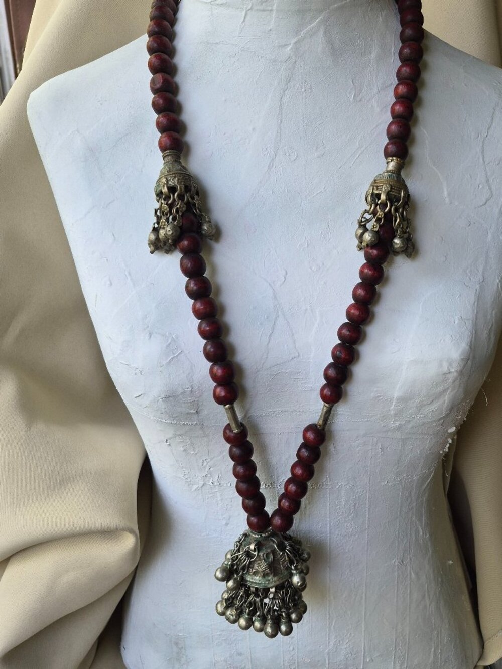 Vintage 38" Ethnic Tribal Statement Necklace Wood Beads Silver Tassels Boho